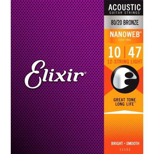 Elixir EL11152 80/20 Bronze Nanoweb Coated 12 String Acoustic Guitar Strings, Light  (10 - 47)