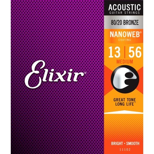 Elixir EL11102 80/20 Bronze Nanoweb Coated Acoustic Guitar Strings, Medium (13 - 56)
