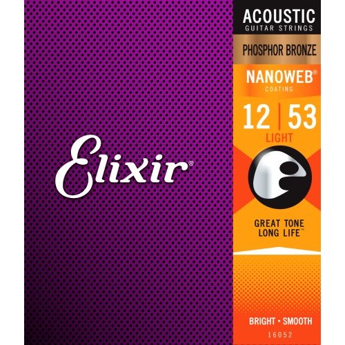 Elixir EL16052 Phosphor Bronze Nanoweb Coated Acoustic Guitar Strings, Light (12-53)
