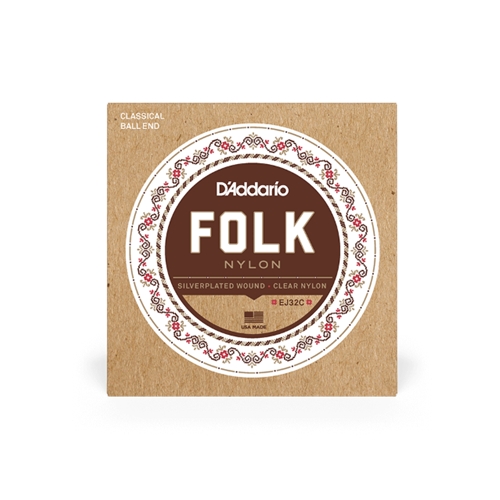 D'Addario EJ32C Folk Nylon Guitar Strings, Ball End, Silver Wound/Clear Nylon Trebles