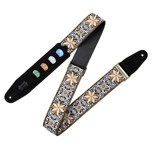 Levy's M8HTVPH-13 2" Jacquard Weave Vintage Yellow adn White Hootenanny Style Guitar Strap with Pickholder