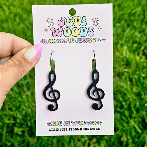 Jedi Woods JWBTCME Black Treble Clef Music Earrings with Hoops, Gauge Friendly