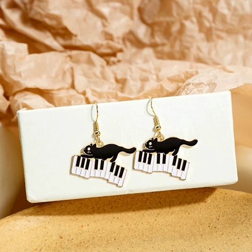 Music Gift RE60 Kitty Cat on Keys Earrings