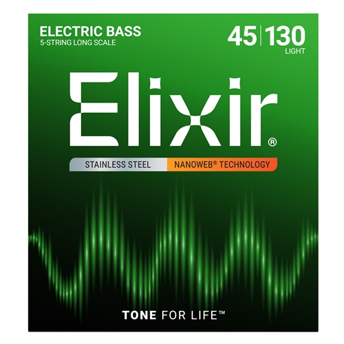 Elixir EL14777 5-String Light Stainless Steel Nanoweb Bass Set, 45-130