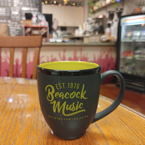 Black Bistro Mug with Beacock Music Logo, Green