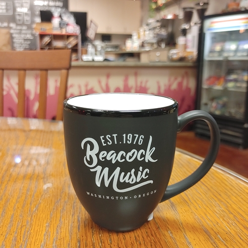 Black Bistro Mug with Beacock Music Logo, White