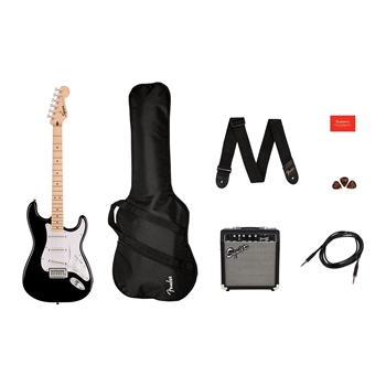 Squier Sonic Stratocaster Electric Guitar Pack, Maple Fingerboard, Black, Gig Bag, 10G - 120V