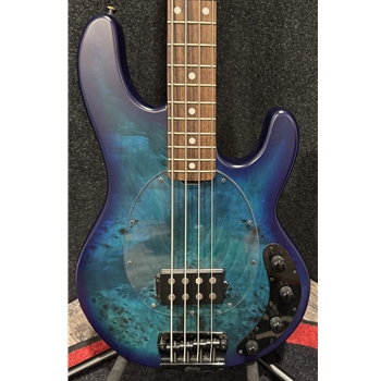 Used Ernie Ball StringRay Ray34 Burl Top Electric Bass Guitar, Neptune Blue